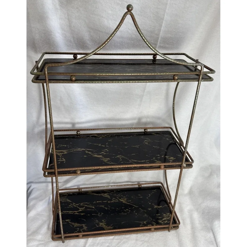 Vintage Metal Brass tone 3-Tier Shelf Stand MCM Wall  organizer 21x13